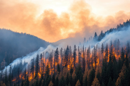 Foggy morning in the Carpathian mountains, Ukraine.の素材