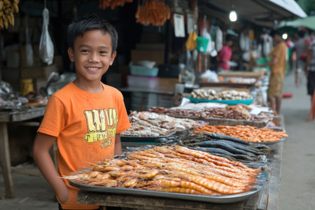 Asian boy selling seafood at local market in Chiang Mai, Thailandの素材