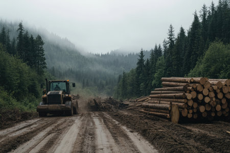 truck with logs on the road in the mountains in the fogの素材