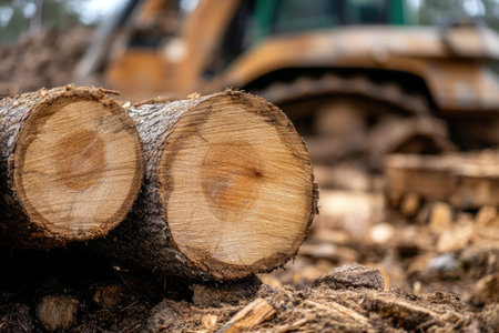 Wooden logs in the background of a bulldozer, close-upの素材