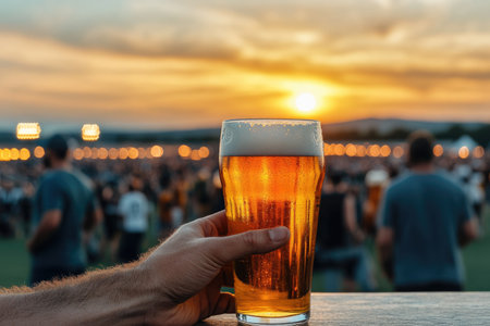 Man hand holding a glass of beer on the background of the sunsetの素材