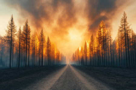Foggy forest road at sunset. 3D Rendering.の素材