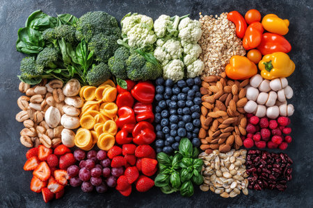 Assortment of fresh organic fruits and vegetables as healthy food background, top viewの素材