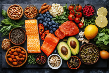 Healthy food clean eating selection: salmon, avocado, blueberry, chickpeas, spinach, nuts, fruits and vegetables. Top viewの素材