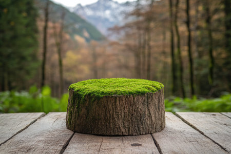 Wooden stump with green moss on blurred background of forest and mountainsの素材