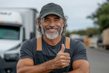 Portrait of smiling senior man showing thumbs up in front of truckの素材
