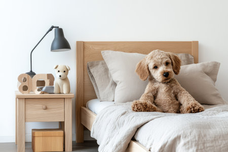 Cute little dog sitting on bed in bedroom. Interior design conceptの素材