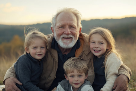 Portrait of happy grandfather with grandchildren in the field at sunset.の素材