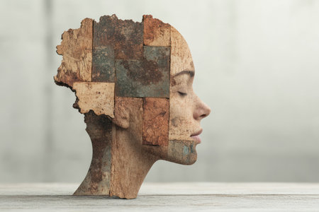Human head made of wooden blocks. Conceptual image of mental health.の素材