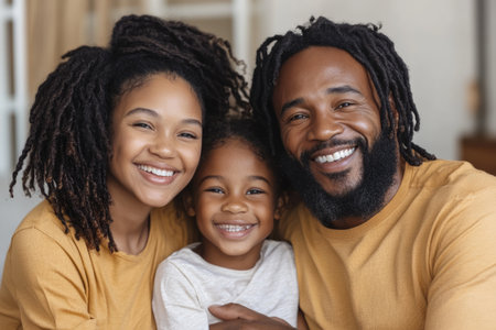 Portrait of smiling African American family looking at camera at homeの素材