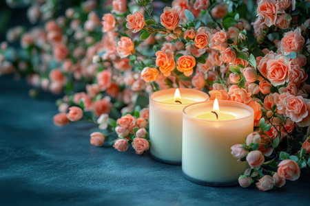 Two burning candles with orange roses on a dark background. Copy space.の素材