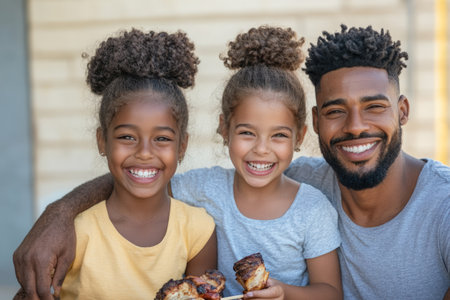 Portrait of smiling family sitting on bench and eating hamburger outdoorsの素材