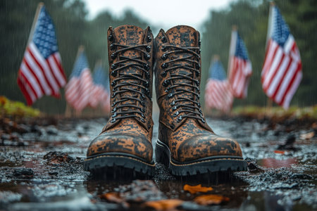 Wet boots in the rain with American flags on the background.の素材