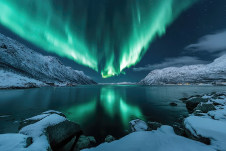 Aurora borealis, northern lights over fjord in Norwayの素材