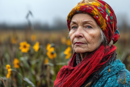 Portrait of an elderly woman in a field of sunflowersの素材