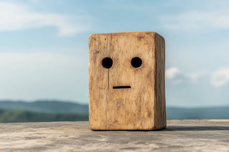Wooden block with sad face on wooden table with nature background.の素材