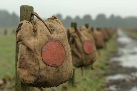 Old military gloves on a fence in a field in the Netherlands.の素材