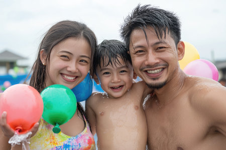 Happy Asian family having fun at swimming pool in holiday vacation concept.の素材