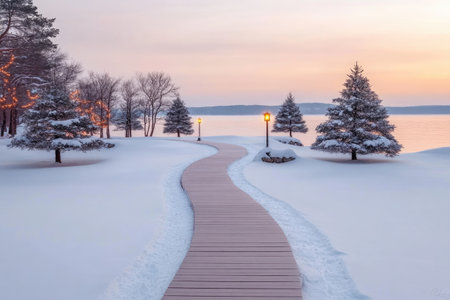 Wooden walkway in the winter park at sunset. Beautiful winter landscape.の素材