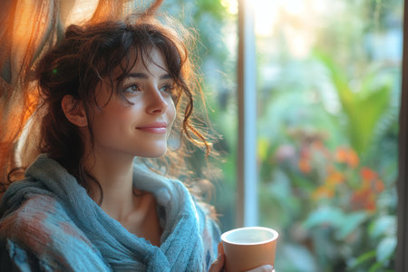 Portrait of a beautiful young woman in a cafe with a cup of coffee.の素材