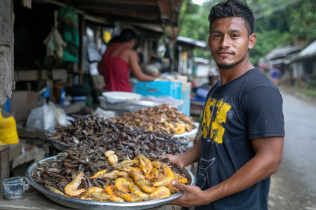 Thai man selling fresh fish at street food market in Thailand.の素材