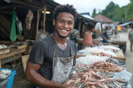 Portrait of smiling man selling fresh seafood at local market, Thailandの素材