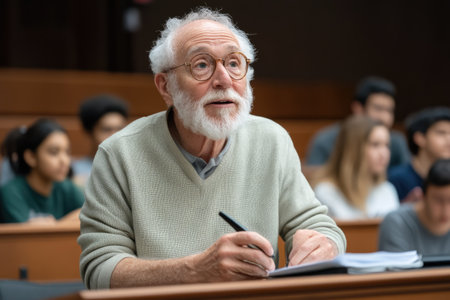 Portrait of a senior man sitting at the table in the classroomの素材