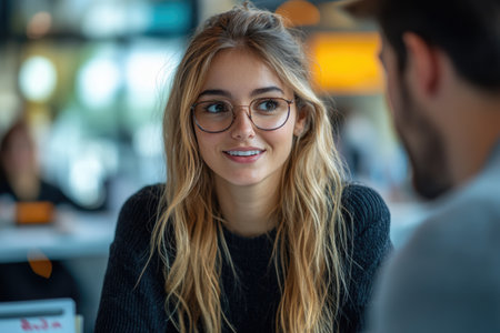 Portrait of a smiling young woman with eyeglasses in coffee shopの素材