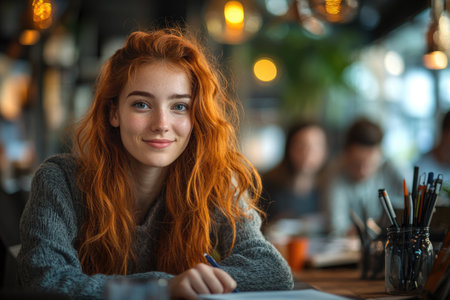 Portrait of a red-haired girl sitting in a cafe.の素材