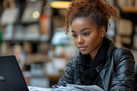 Portrait of young African American businesswoman using laptop in cafeの素材