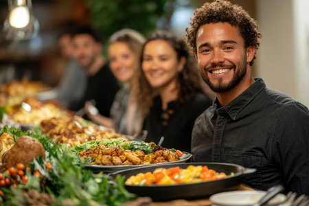 Group of friends having a dinner together in a restaurant, eating healthy foodの素材