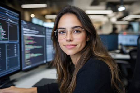 Portrait of female software developer working on computer at desk in officeの素材