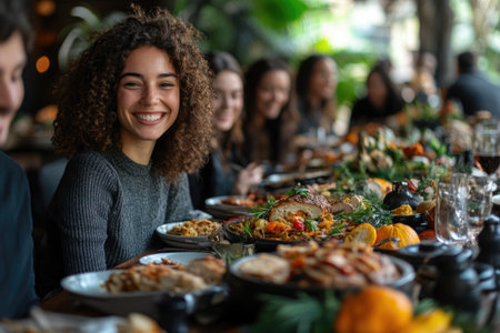 Group of friends having dinner together in a restaurant. Selective focus.の素材