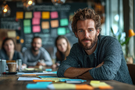 Portrait of confident young businessman sitting at desk in office with colleagues in backgroundの素材