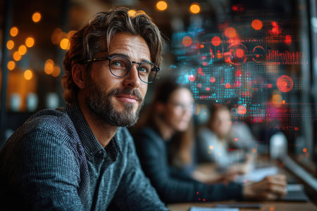 Portrait of handsome bearded businessman in glasses sitting in cafe and looking at cameraの素材