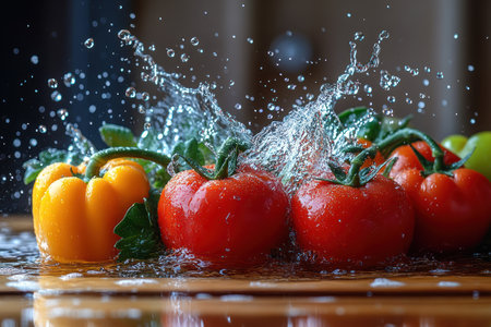 Fresh tomatoes and peppers in water splash on wooden cutting board. Selective focus.の素材