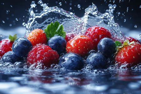 Fresh berries with water splash on dark background, close up, macroの素材