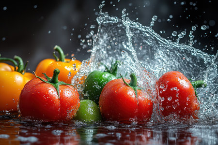 Fresh vegetables with water splash on black background. Healthy food concept.の素材