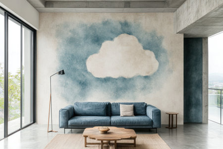 Modern living room interior with blue sofa, coffee table and clouds above it. 3D Renderingの素材