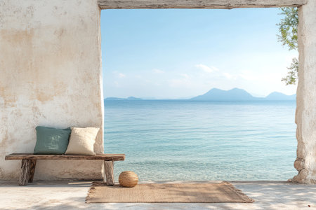 Wooden chair and pillow on the terrace in front of the seaの素材