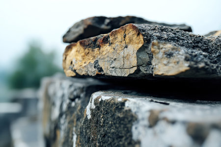 Close up view of a stone wall at the top of a hill.の素材