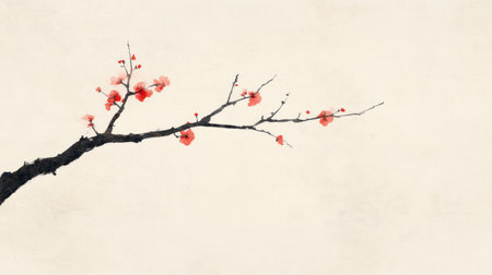 Plum blossom branch with red flowers on old paper background.の素材