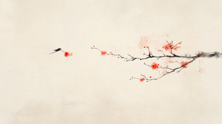 Watercolor painting of cherry blossom branch and swallow on paper backgroundの素材