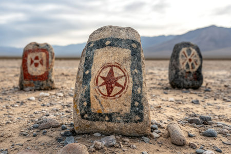 Pile of stones in the middle of the desert with the mountains in the backgroundの素材