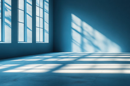 Blue empty room with window and sunlight. 3D Rendering.の素材