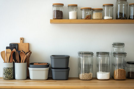 Kitchen utensils and spices on wooden shelf in modern kitchenの素材