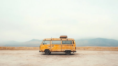 Old rusty camper van in the desert. Travel and adventure concept.の素材