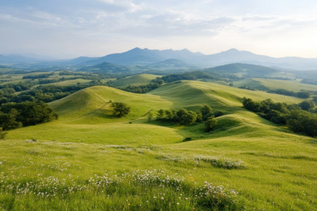 Beautiful summer landscape in the mountains with green grass and blue skyの素材