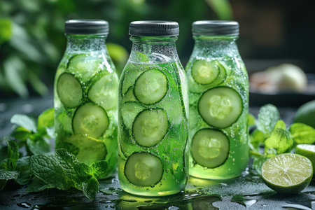 Bottles with fresh cucumber infused water on table, closeupの素材