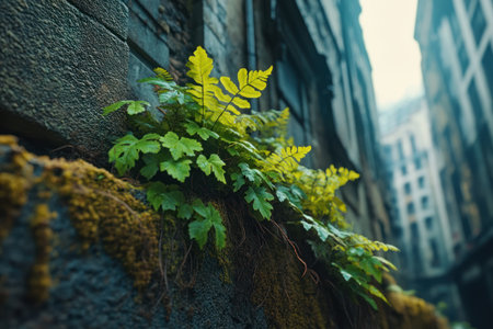 Green fern growing on a wall in the city. Selective focus.の素材